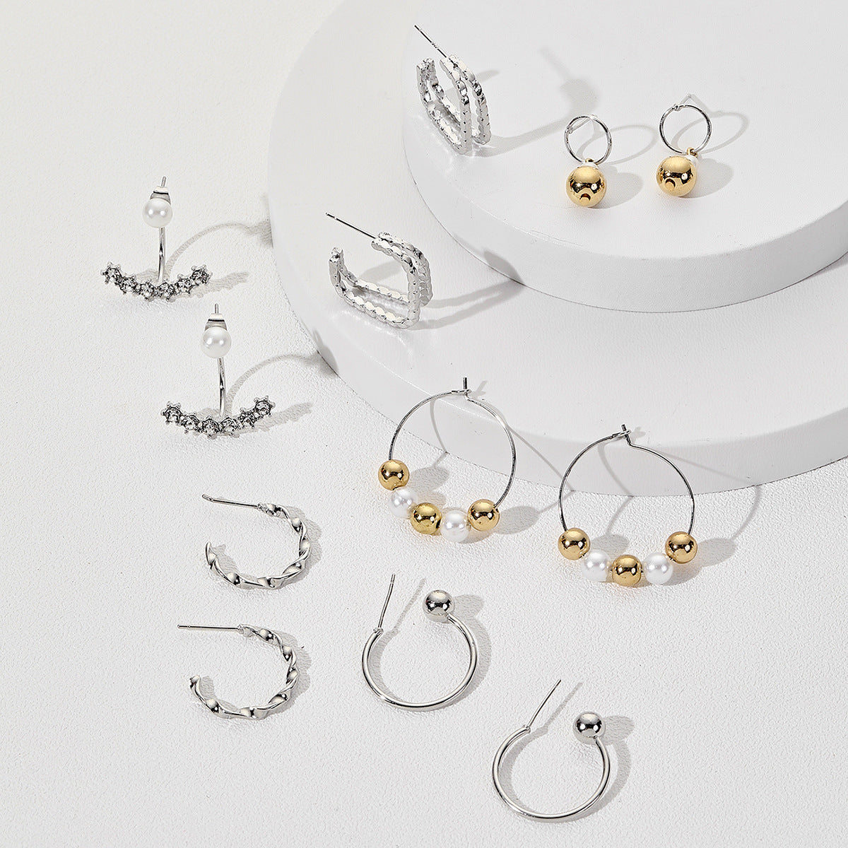 Vintage Geometric Round Alloy Hoop Earrings Set with Rhinestone and Pearl Inlay