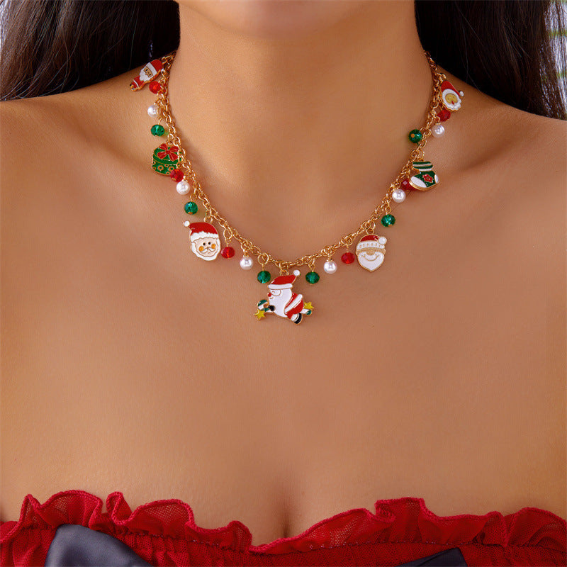 Fashionable Christmas-Themed Pendant Necklace for Women with 3D Floral Design Zinc Alloy Base Electroplated Finish Featuring Santa Snowflake and Jingle Bell Motifs