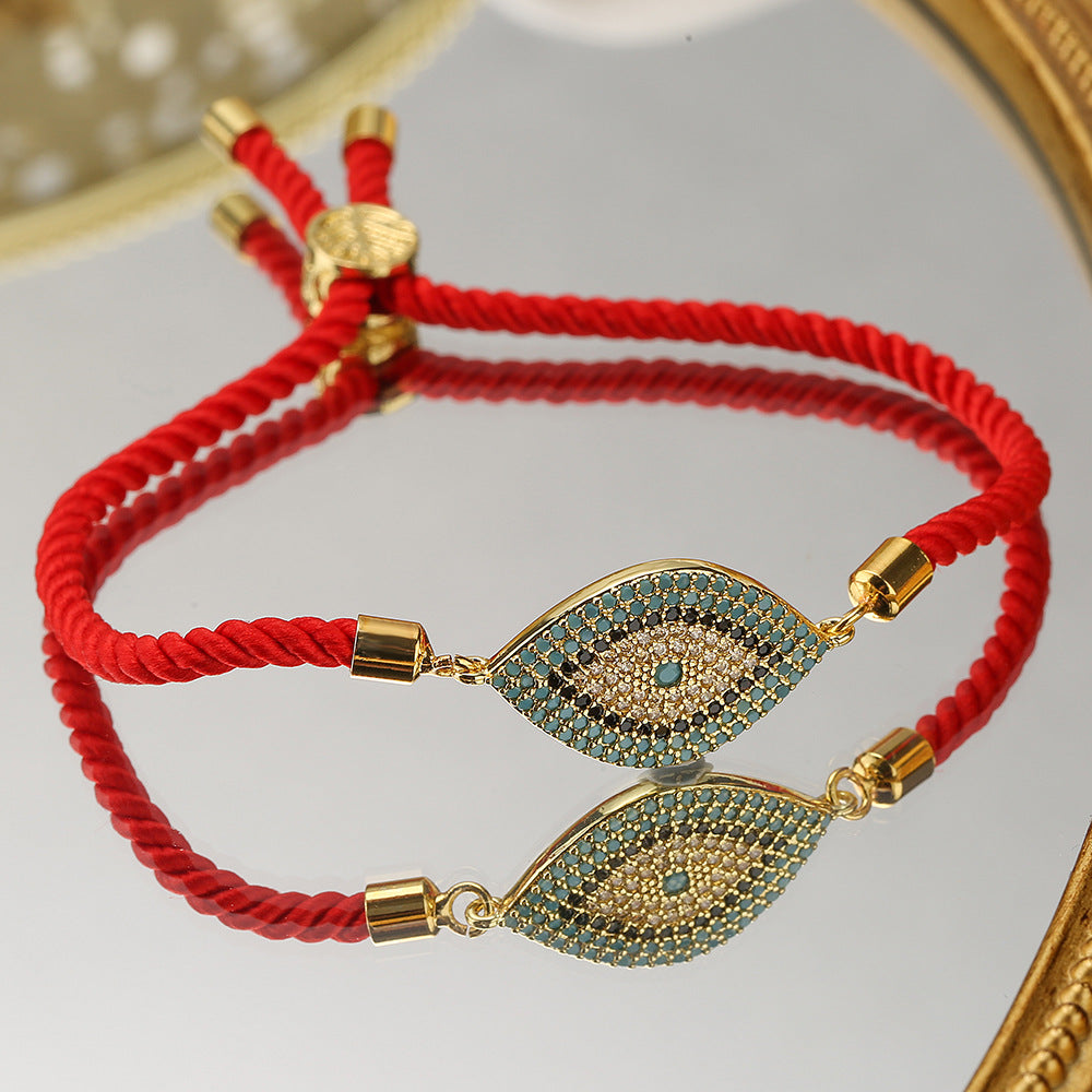 Geometric Evil Eye Rhinestone Micro-Paved Copper Bracelet for Women with Red Cord
