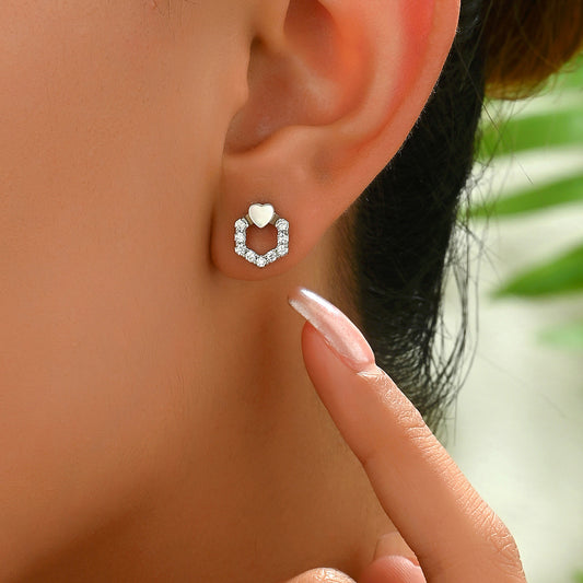 Minimalist Heart-Shaped Geometric Copper Stud Earrings with Zircon Inlay for Women