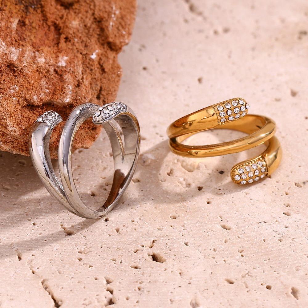 Creative Geometric Stainless Steel Ring with 18K Gold Plating and Rhinestone Accents for Women