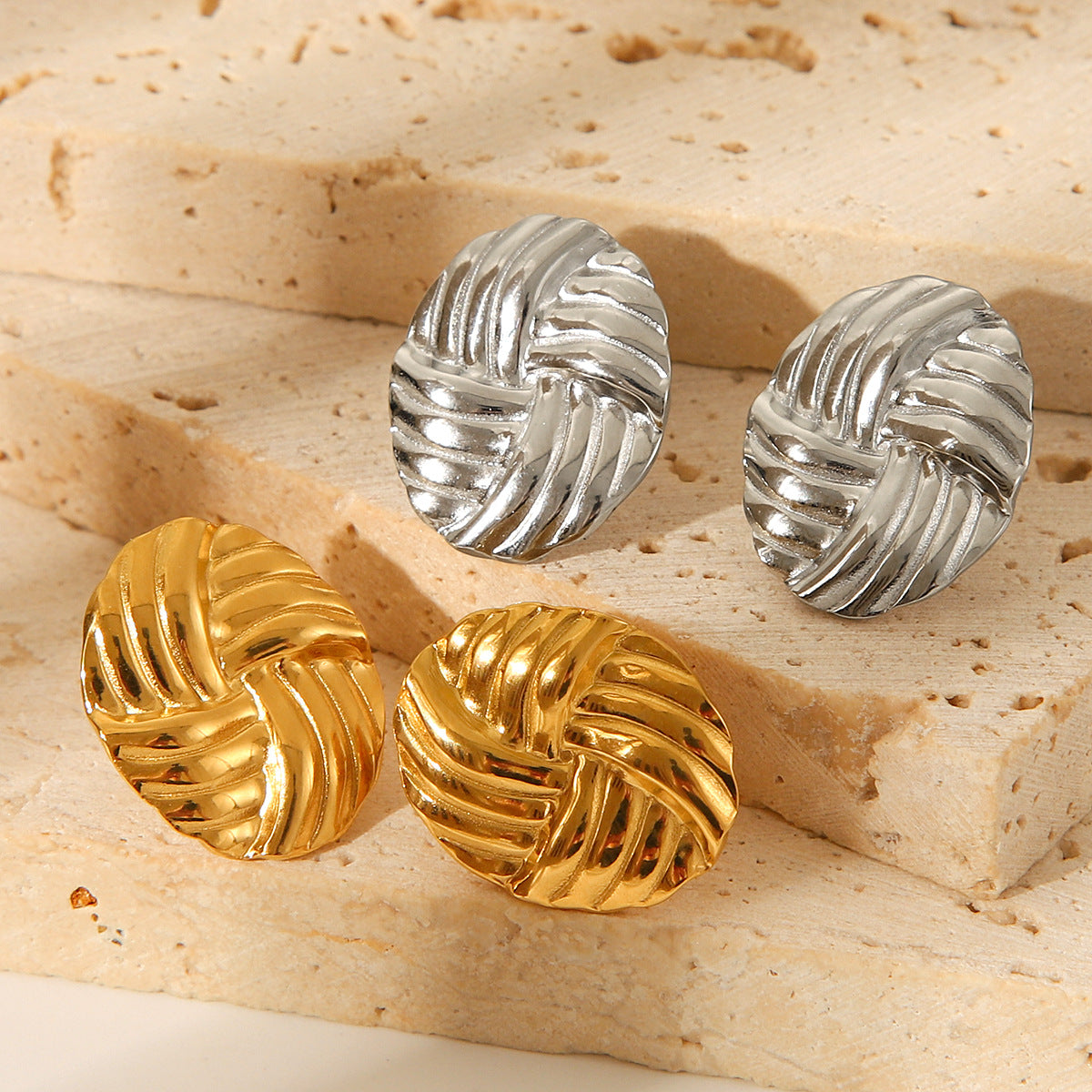 Minimalist Round Titanium Steel Earrings with 18K Gold Plating and Woven Texture for Women