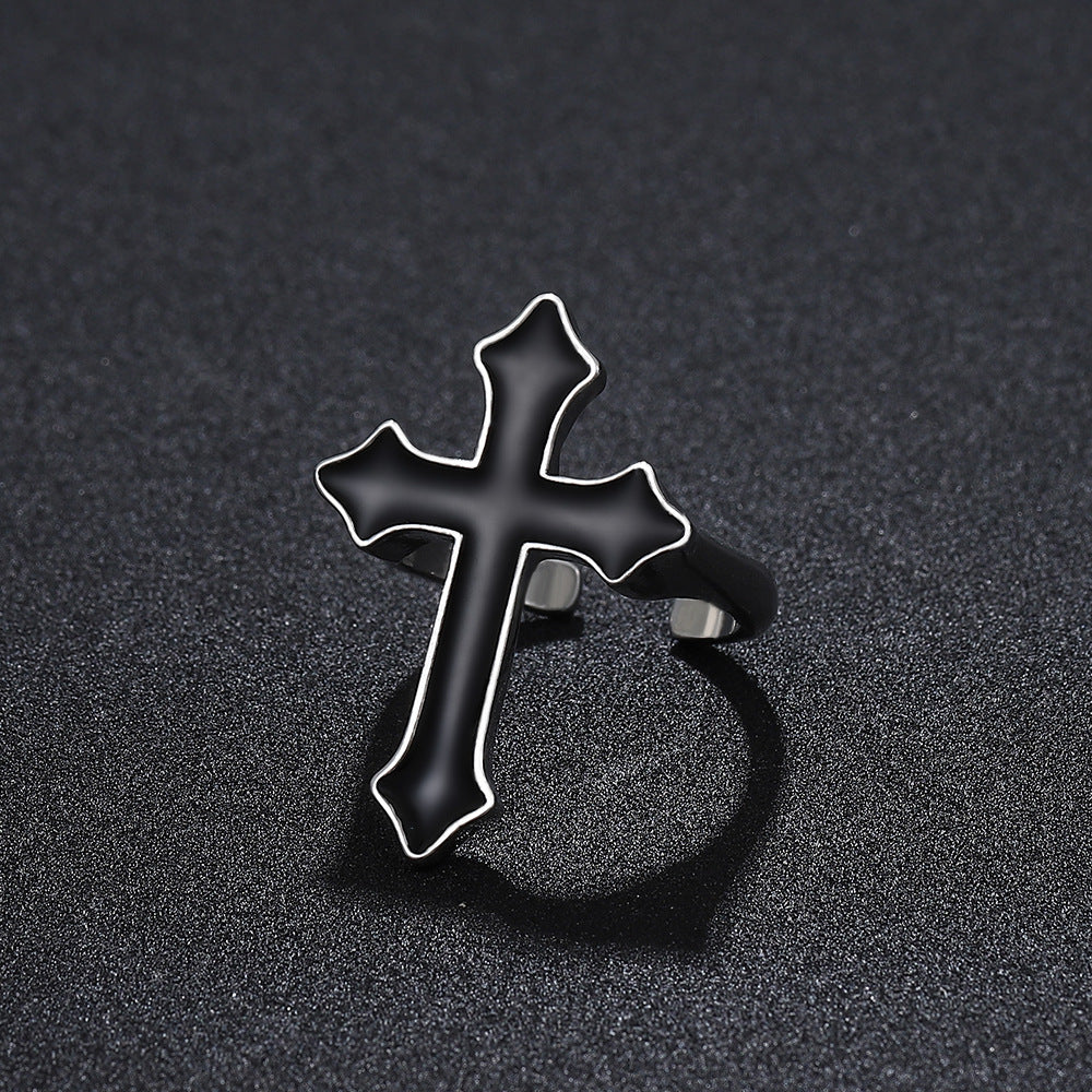 Anillo gótico negro grande ajustable con forma de cruz para hombres y mujeres, banda de aleación con acabado galvanizado
