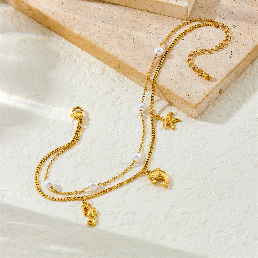 Elegant Double Layer Stainless Steel Starfish Pearl Anklet