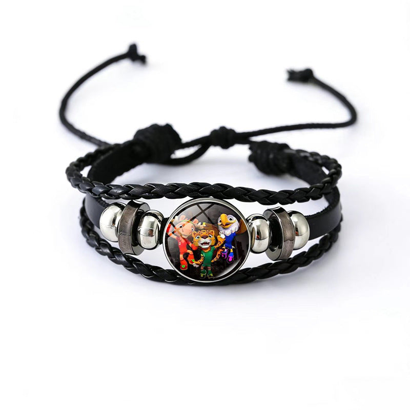Vintage Geometric Round Black Leather Snap Button Bracelet Unisex Multi-layer Woven Fan Souvenir