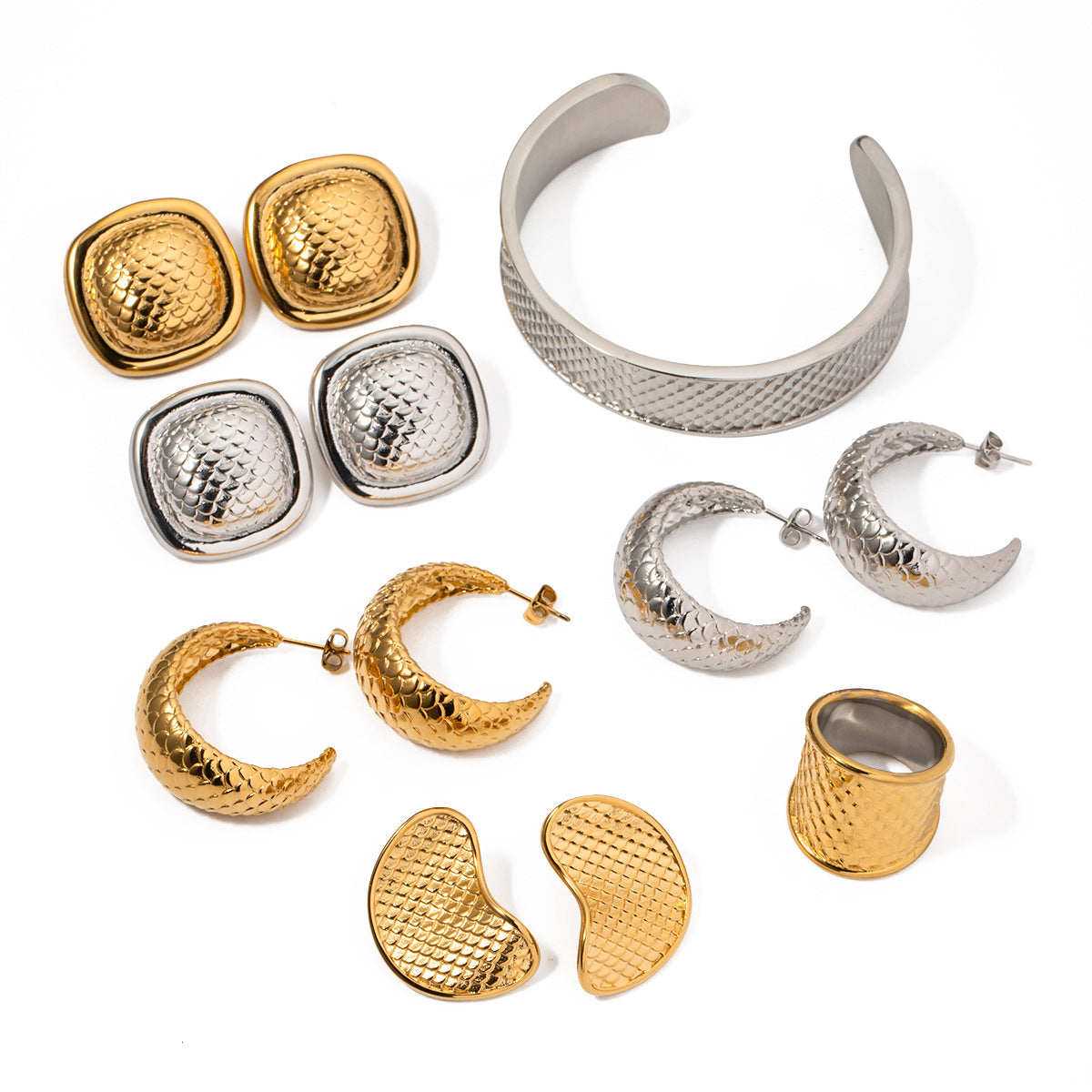 Unique Asymmetric Ins Style 18K Gold Plated Stainless Steel Fish Scale Ring Earring Bracelet Set for Women