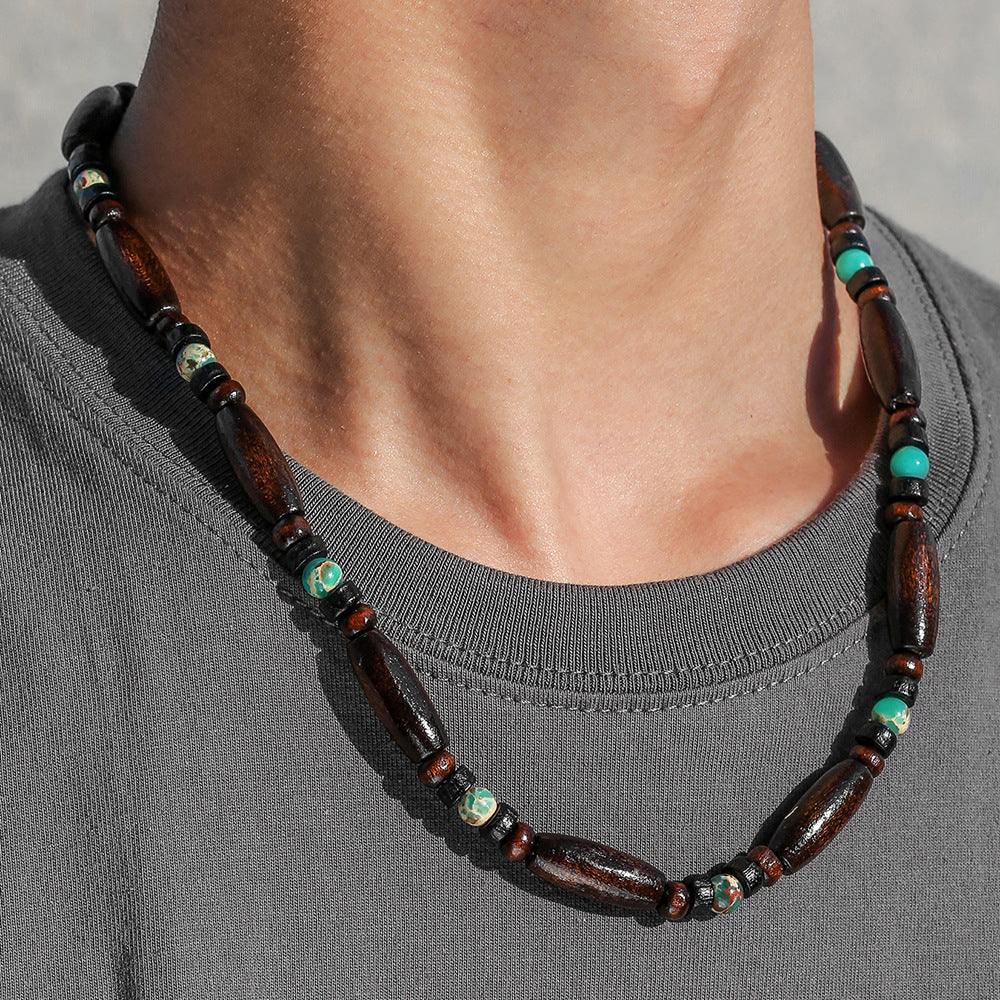 Bohemian Vintage Geometric Wood and Turquoise Beaded Necklace with Cable Chain for Unisex