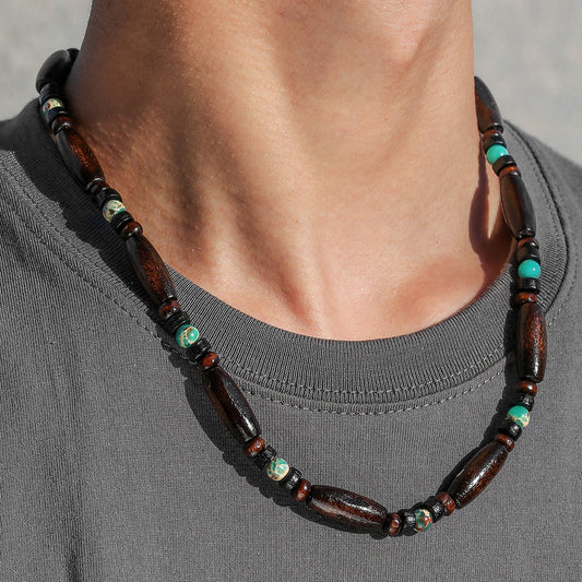 Bohemian Vintage Geometric Wood and Turquoise Beaded Necklace with Cable Chain for Unisex