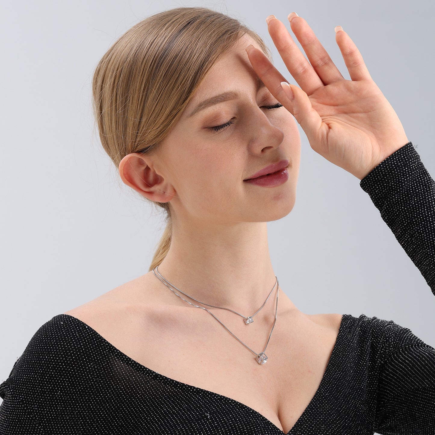Geometric Cube Pendant Necklace for Women with Zircon Inlay on Double-Layer Alloy Box Chain with Plated Finish