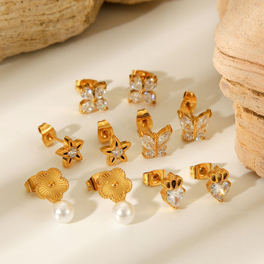 Pendientes Minimalistas de Mariposa, Estrella y Perla en Acero Inoxidable con Acabado Bañado