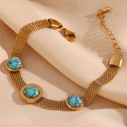 Vintage Style Geometric Round Turquoise Beaded Mesh Bracelet for Women in Stainless Steel with 18K Gold Plating