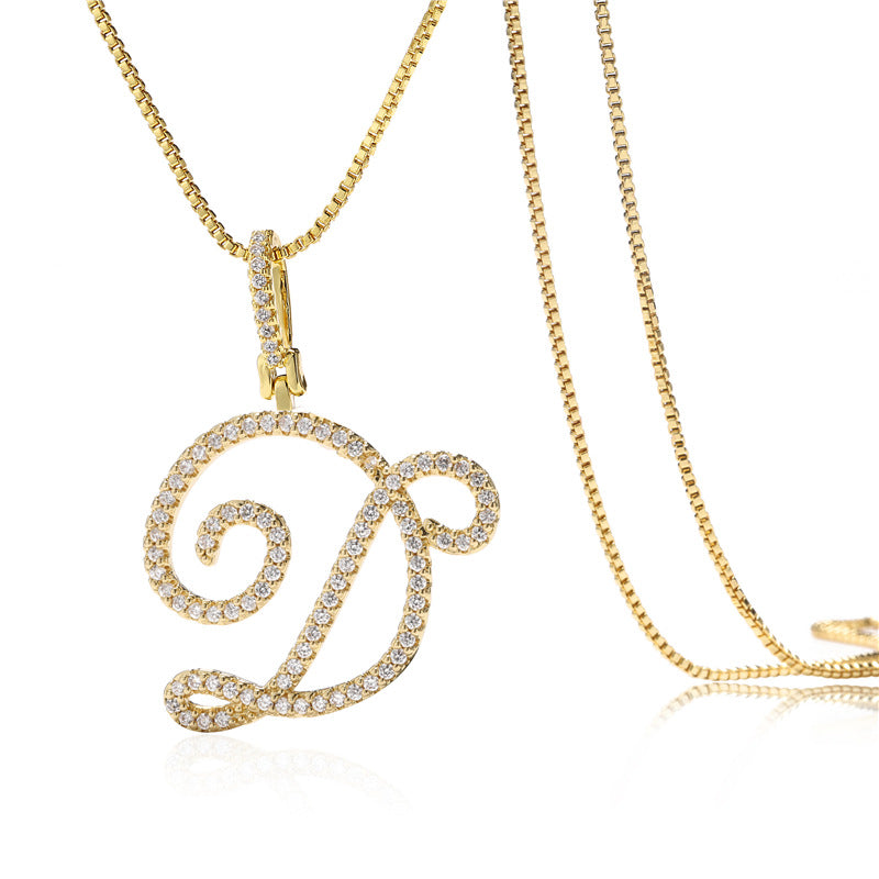 Minimalist Geometric Letter Pendant Necklace in Brass with Micro-Pavé Setting on Box Chain