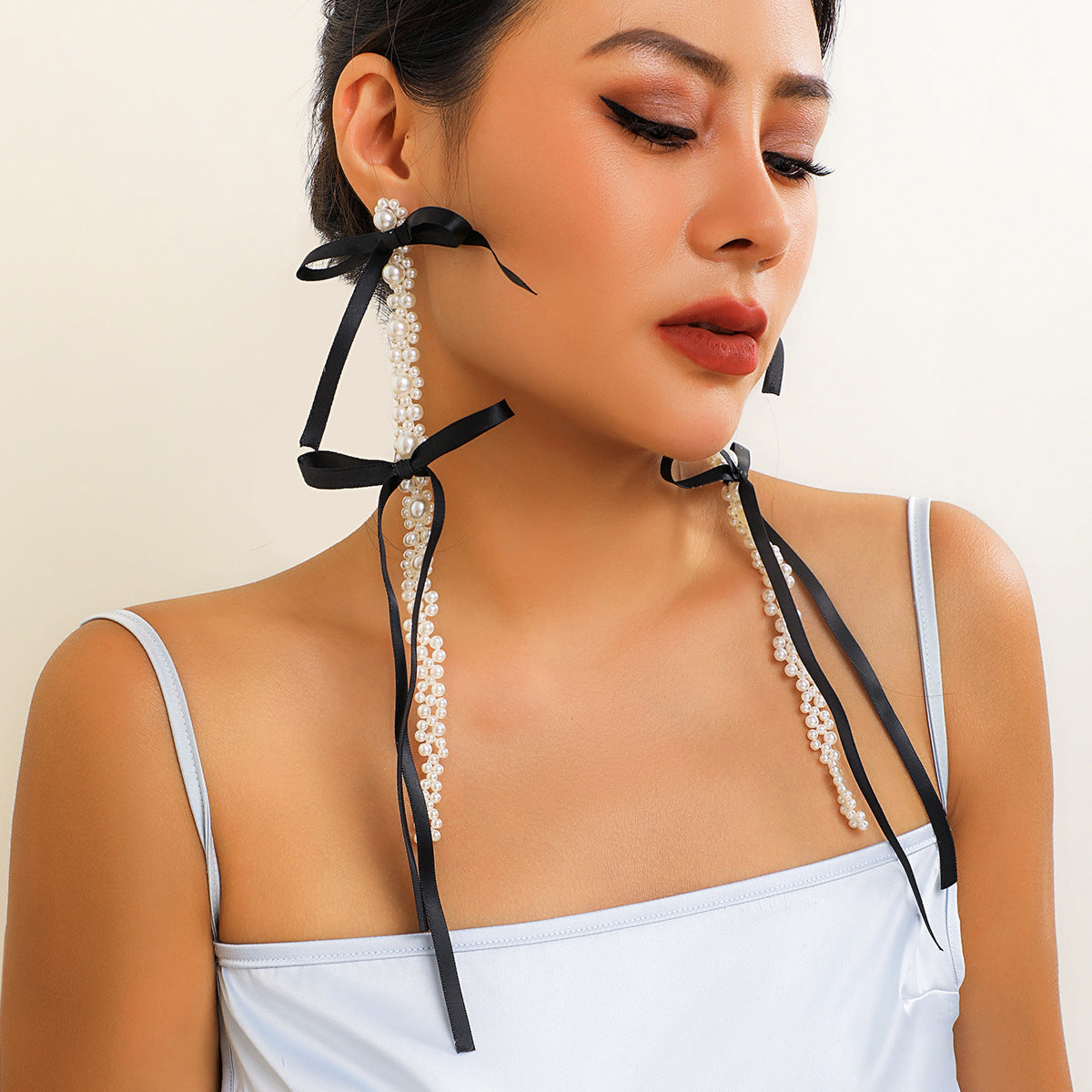 Elegant Fabric Bow Tassel Earrings with Imitation Pearl and Crystal Floral Studs for Women