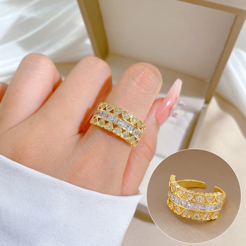 Geometric Rhinestone Ring for Women Plated Brass Minimalist Open Band