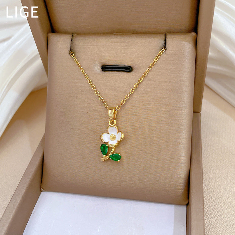 Minimalist Geometric Green Leaf and Floral Rhinestone Pendant Necklace in Titanium Steel with Enamel Finish for Women