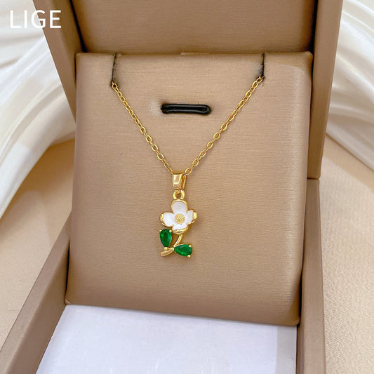 Minimalist Geometric Green Leaf and Floral Rhinestone Pendant Necklace in Titanium Steel with Enamel Finish for Women