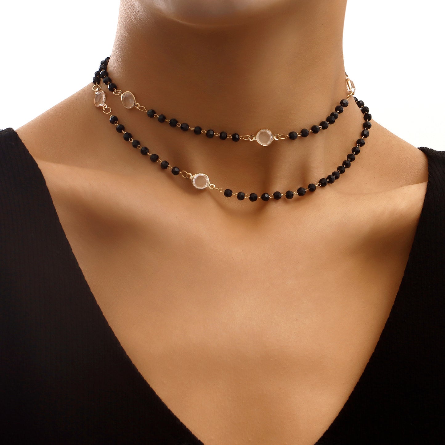 Minimalist Geometric Double-Layer Necklace for Women with Black Rhinestones and White Zirconia on Alloy Base with Electroplated Finish