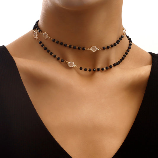 Collana Doppia a Strati Minimalista Geometrica da Donna con Strass Neri e Zirconia Bianca su Base in Lega con Finitura Galvanizzata