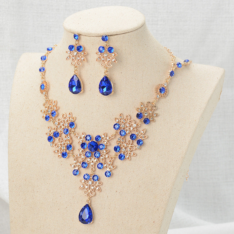 Luxury Elegant Floral Rhinestone Alloy Plated Necklace and Earring Set for Women Wedding Bridal Jewelry