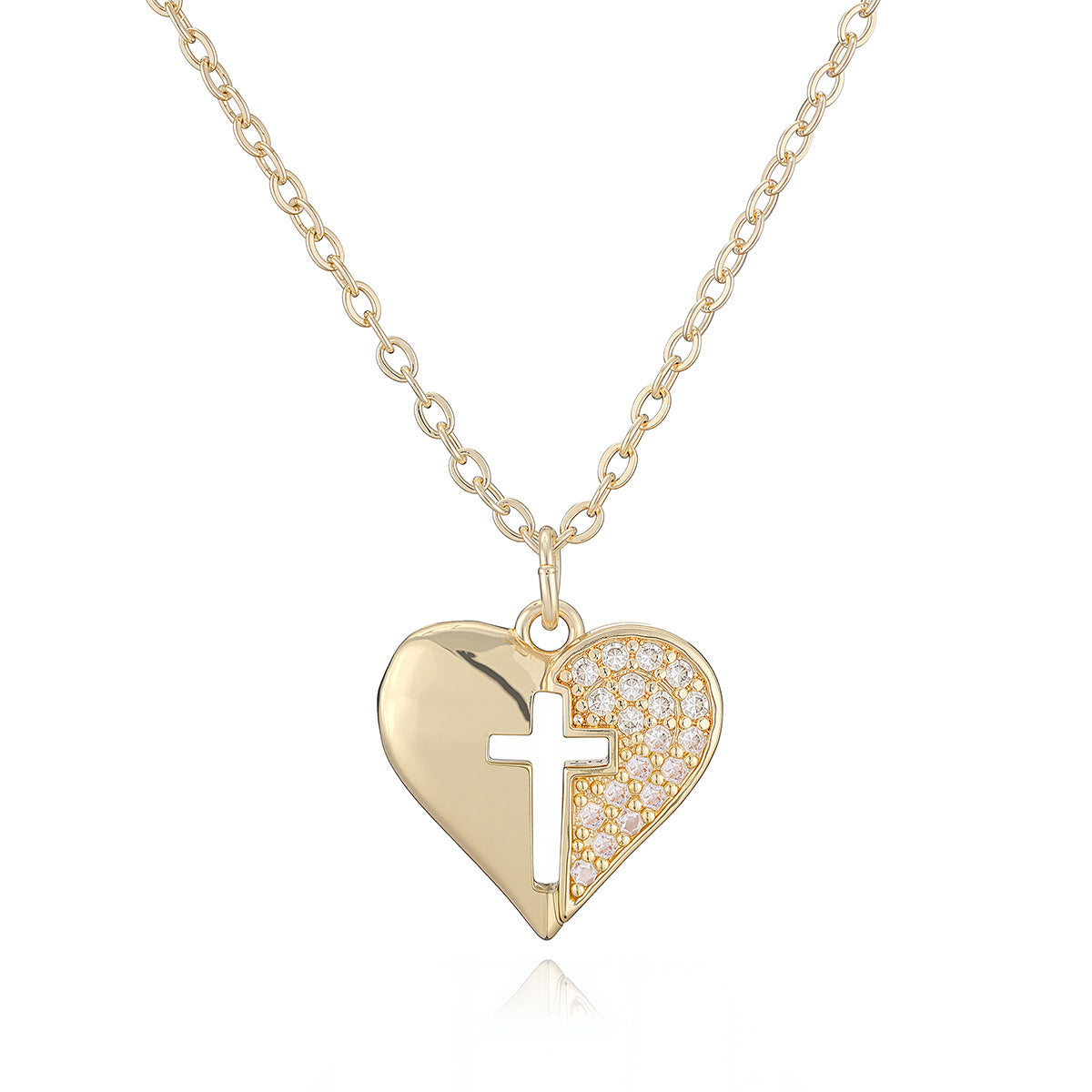 Minimalist 18K Gold Plated Brass Cubic Zirconia Heart Cross Pendant Necklace