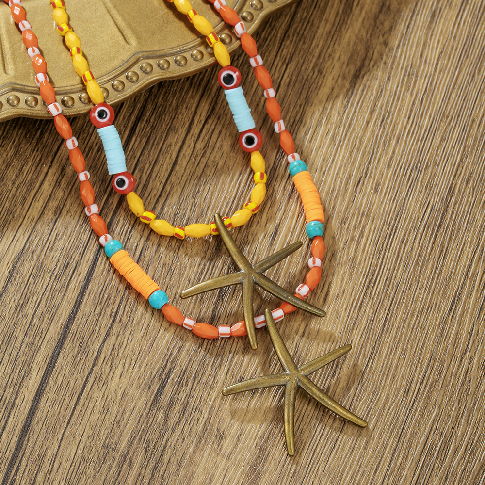Sweet Streetwear Geometric Star Alloy Pendant Necklace with Colorful Resin and Acrylic Beads Eye Detail Double Layer Ball Chain
