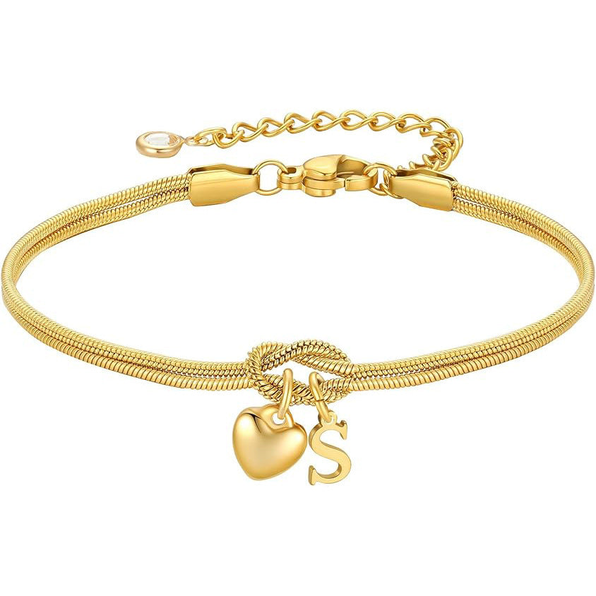Sweet Luxury Stainless Steel PVD Snake Chain Bracelet with Rhinestone Letter Heart Cross Pendant for Women