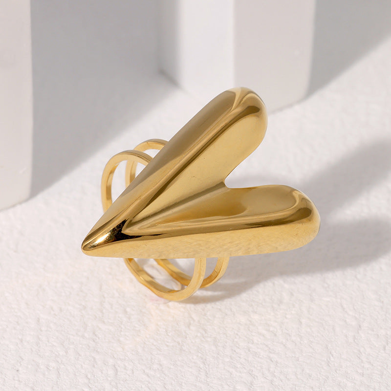 Anello aperto da donna in acciaio inossidabile a forma di cuore, tonalità fredda minimalista, con finitura placcata