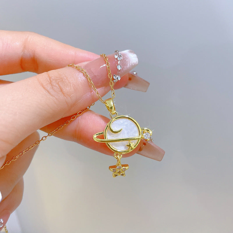 Sweet Minimalist Star Moon Geometric Rhinestone Brass Pendant Titanium Steel Necklace for Unisex