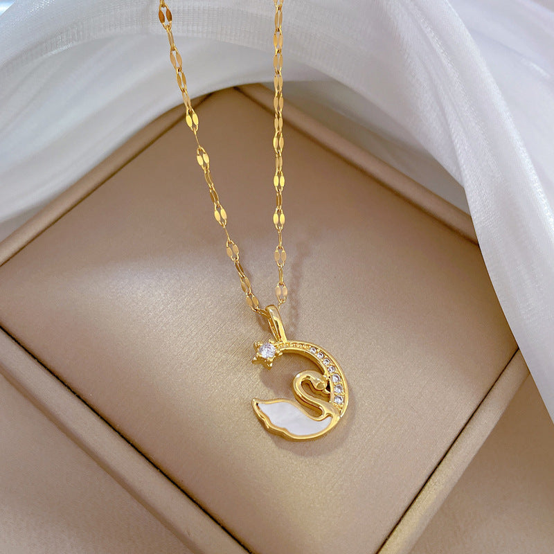 Elegant Moon and Swan Pendant Necklace in Stainless Steel with Geometric Design for Women and Men