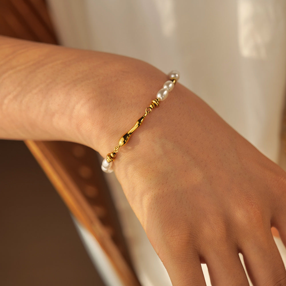 Bracciale da donna vintage con perle intarsiate in acciaio inossidabile placcato oro 18 carati a forma di goccia geometrica