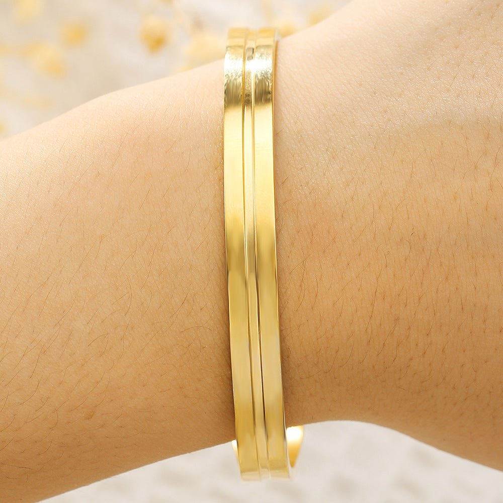 Men's Geometric Round Polished Plated Stainless Steel C-Shape Open Cuff Bracelet