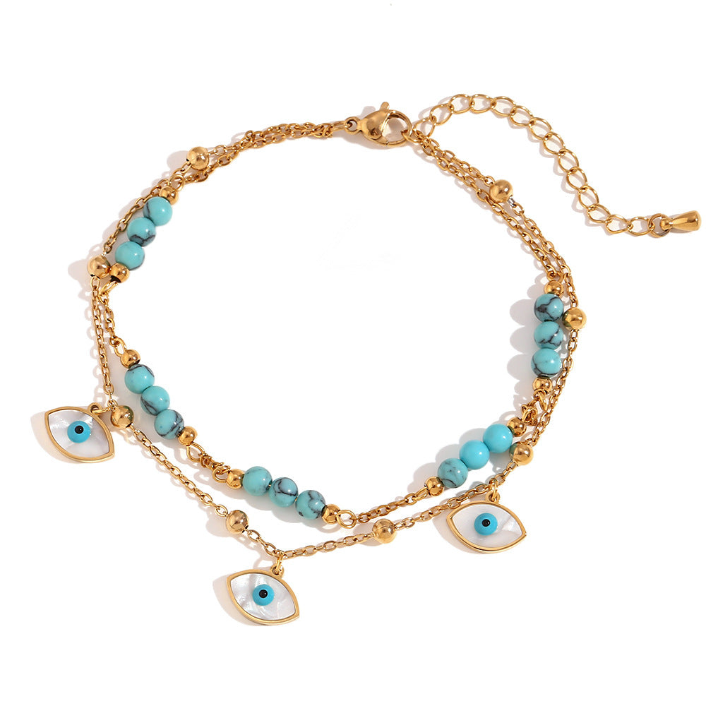 Fashion Geometric Stainless Steel Anklet with 18K Gold Plating, White Abalone Shell Eyes and Blue Turquoise Accents