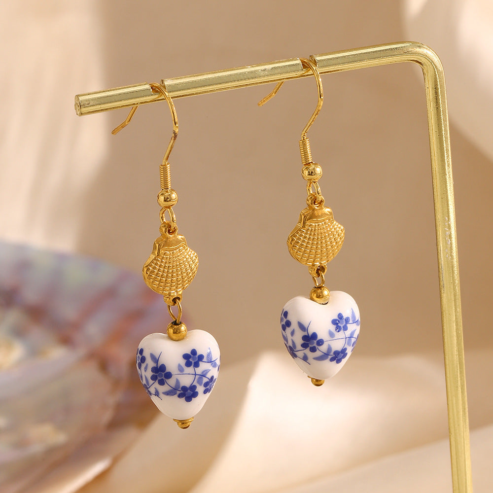 Fashionable Geometric Stainless Steel Earrings with 18K Gold Plating and Blue-and-White Porcelain Shell Accents for Women