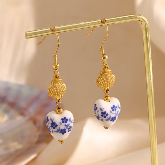 Pendientes de Acero Inoxidable Geométricos Modernos con Baño de Oro de 18K y Detalles de Concha de Porcelana Azul y Blanca para Mujer