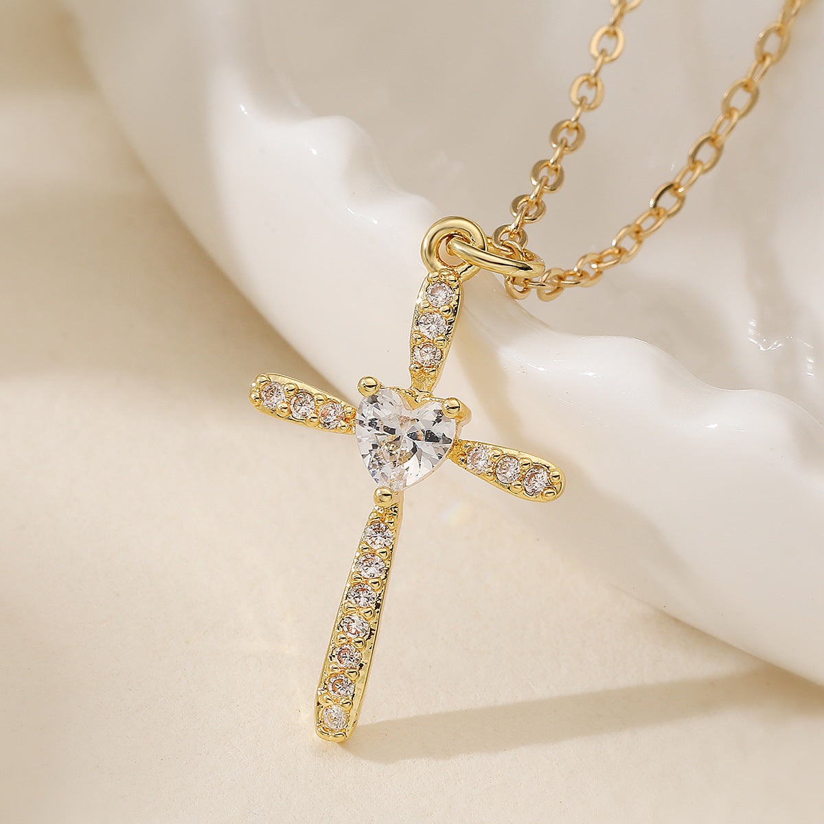 Minimalist 18K Gold Plated Brass Cross Pendant Necklace with Cubic Zirconia for Women
