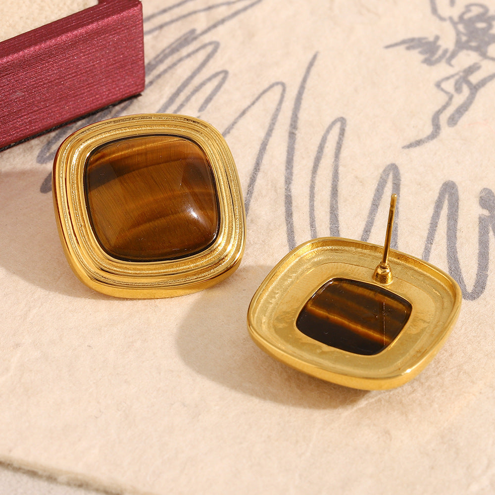 Vintage-Style Geometric Tiger Eye Stud Earrings in Stainless Steel with 18K Gold Plating for Women