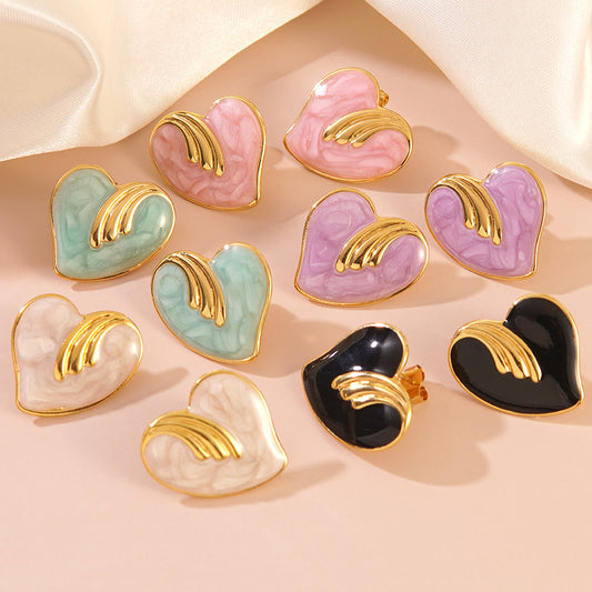 Sweet Elegant Heart Drip Oil Stainless Steel Earrings for Women