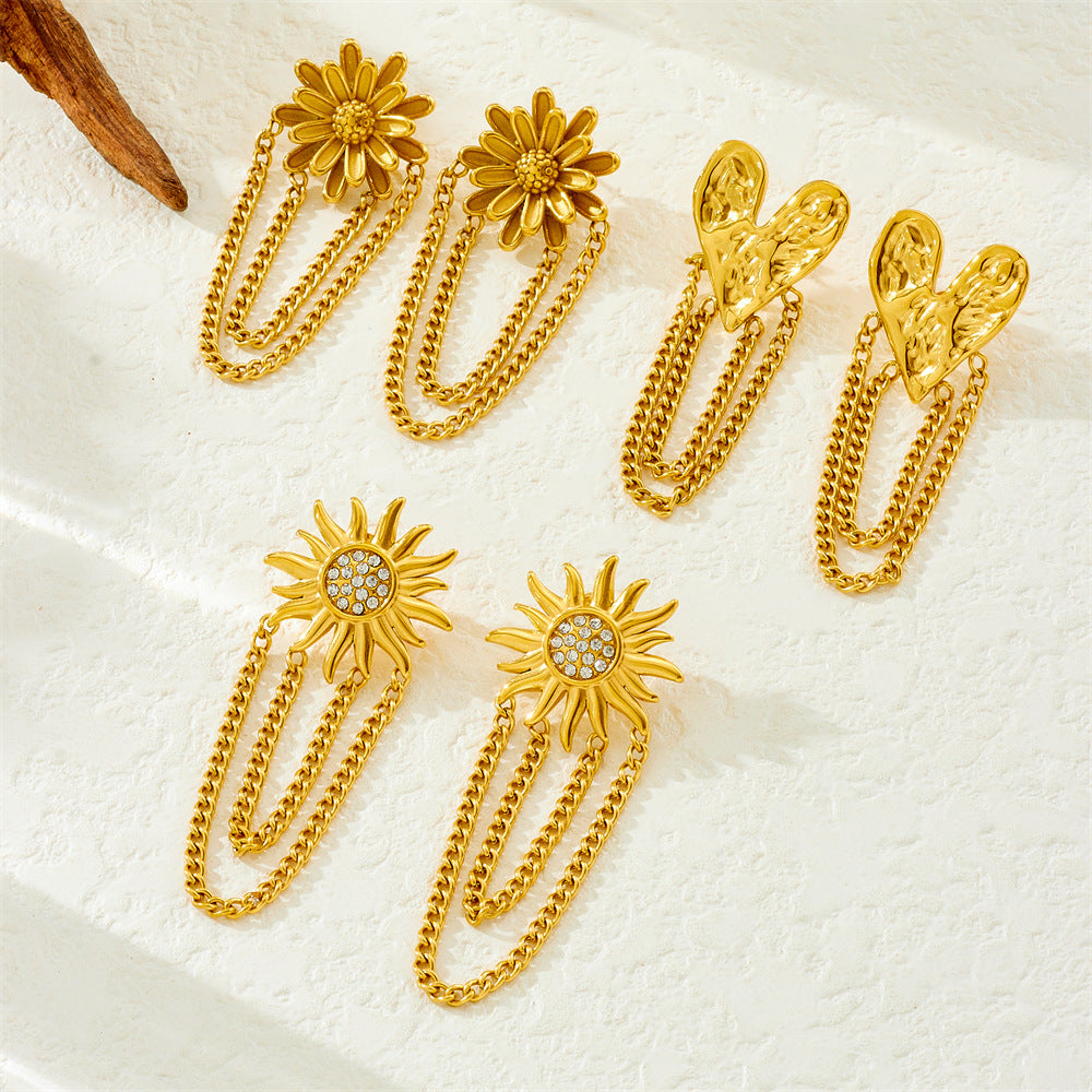 Gold Plated Rhinestone Heart Floral Bow Tassel Stainless Steel Earrings for Women