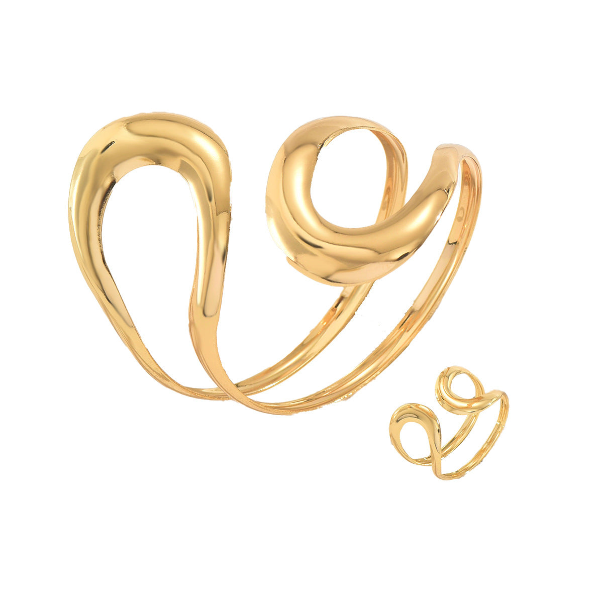 Conjunto de pulsera y anillo de aleación de zinc pulido con forma geométrica hueca, ajustables, joyería tipo brazalete
