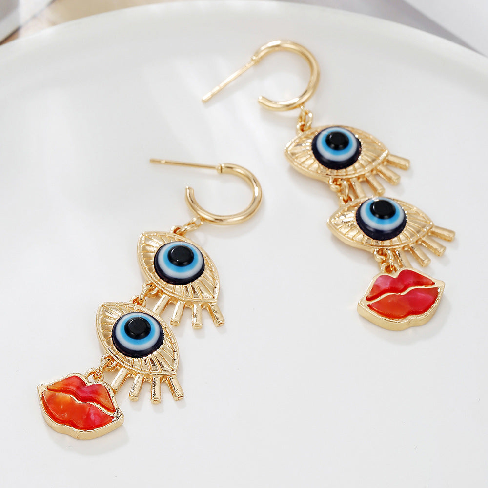 Geometric Round Drip Oil Alloy Earrings with Lips and Evil Eye Design