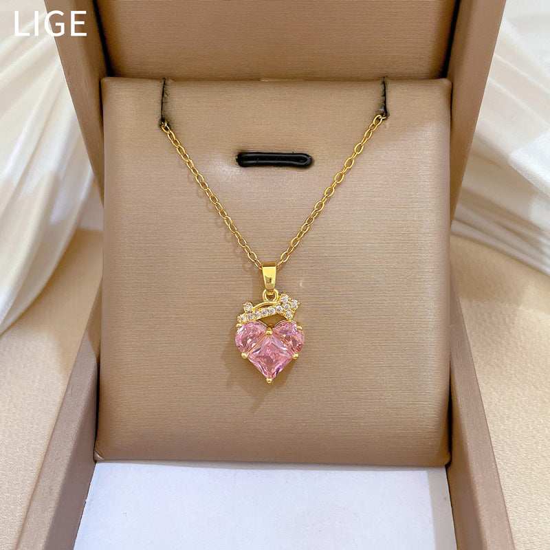 Collana Minimalista a Cuore in Acciaio al Titanio con Intarsio di Zirconi da Donna, Delicata Catena alla Clavicola