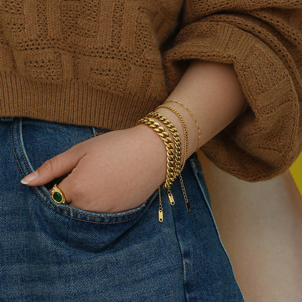 Fashion Geometric Stainless Steel 18K Gold Plated Line Pattern Chain Bracelet for Women