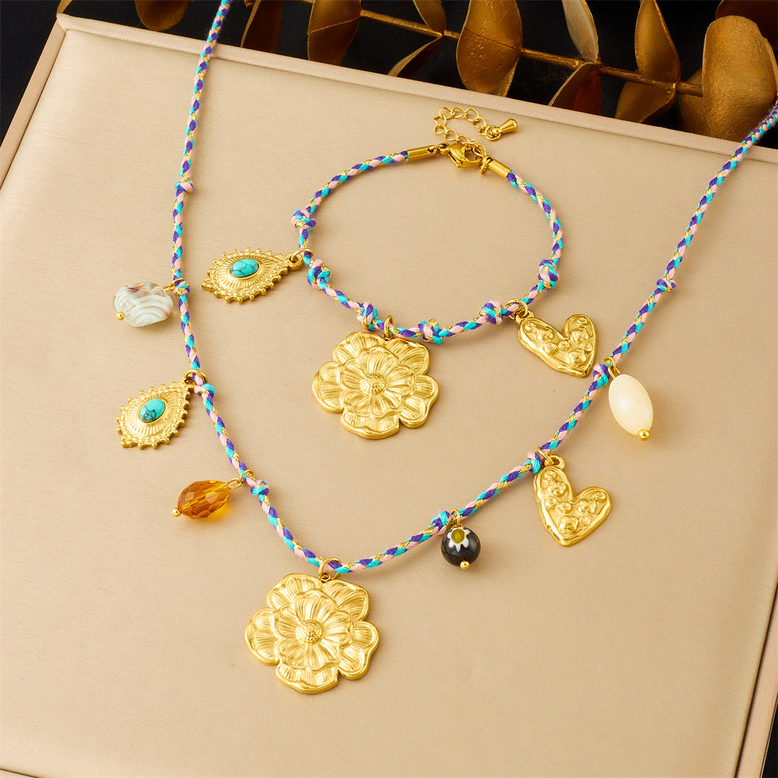 Bohemian Vintage Gold Plated Stainless Steel Rope Chain Floral Pendant Jewelry Set