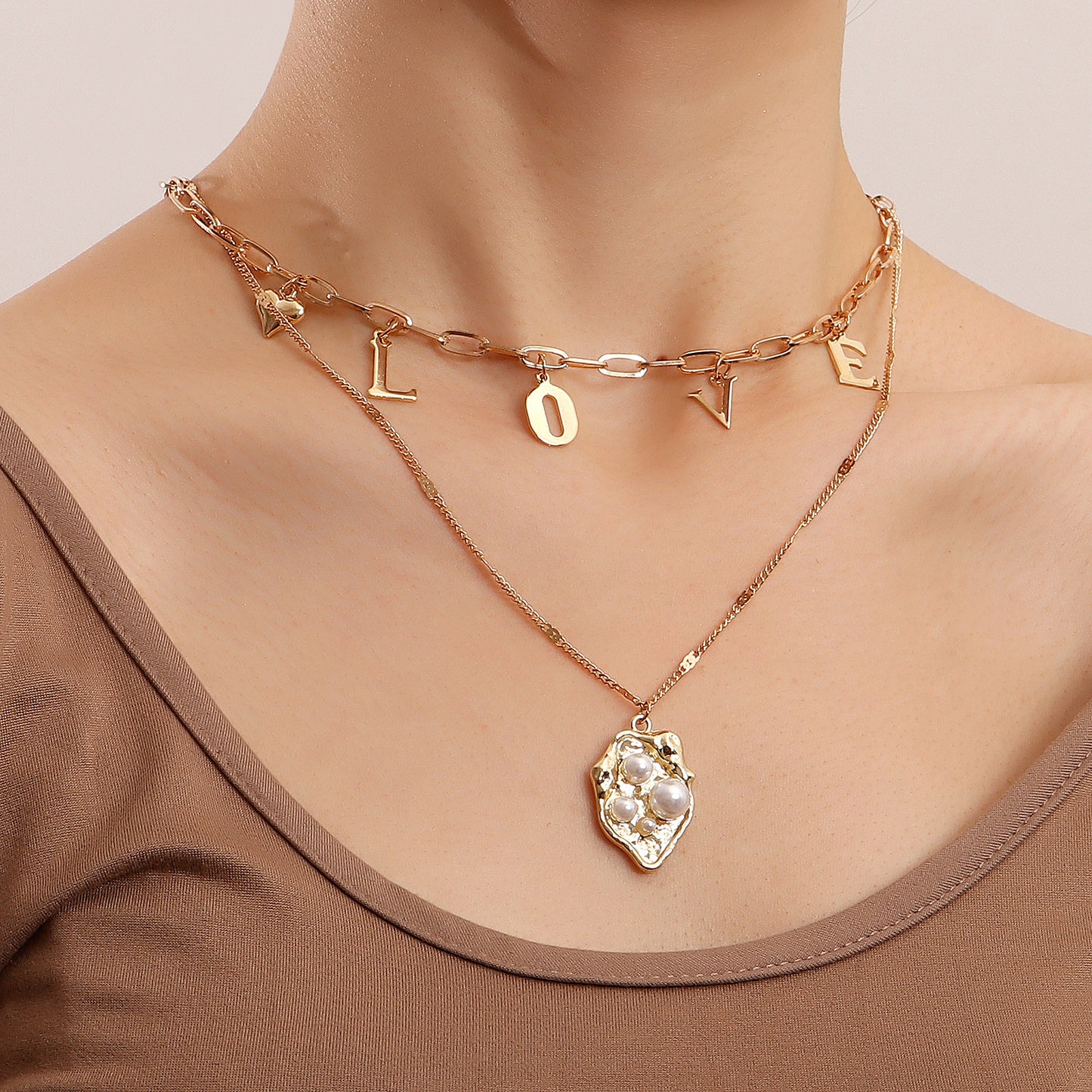 Minimalist and Bold LOVE Letter Layered Necklace with Pearl Pendant in Alloy with Plated Finish