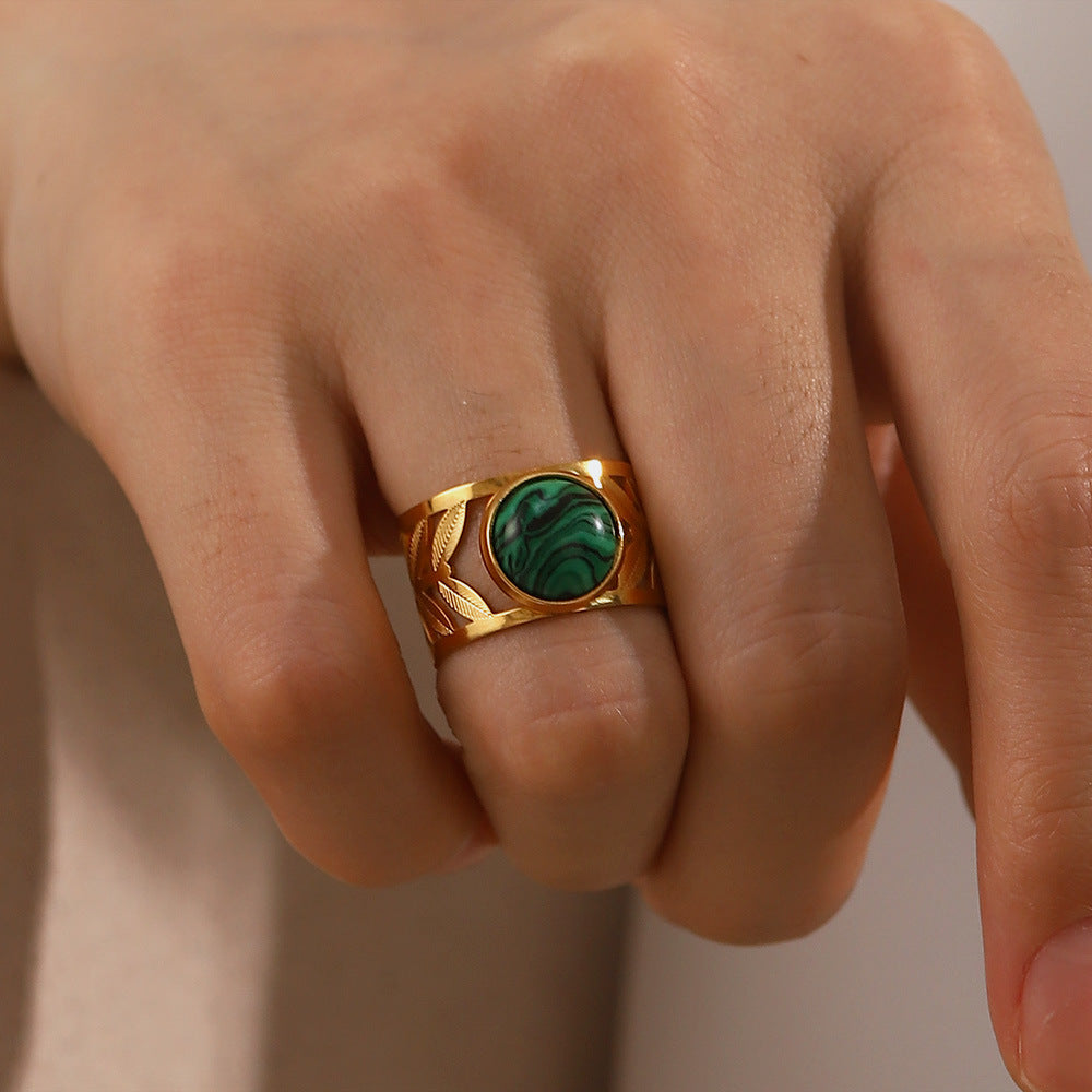 French Style 18K Gold Plated Stainless Steel Hollow Leaf Ring with Green Turquoise and Malachite