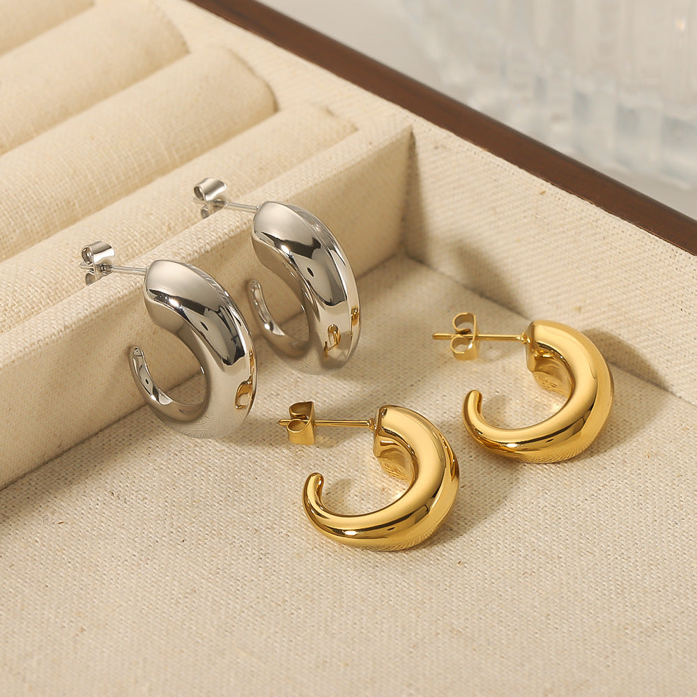 Minimalist Geometric C-Shaped Hollow Stainless Steel Earrings with 18K Gold Plating for Women