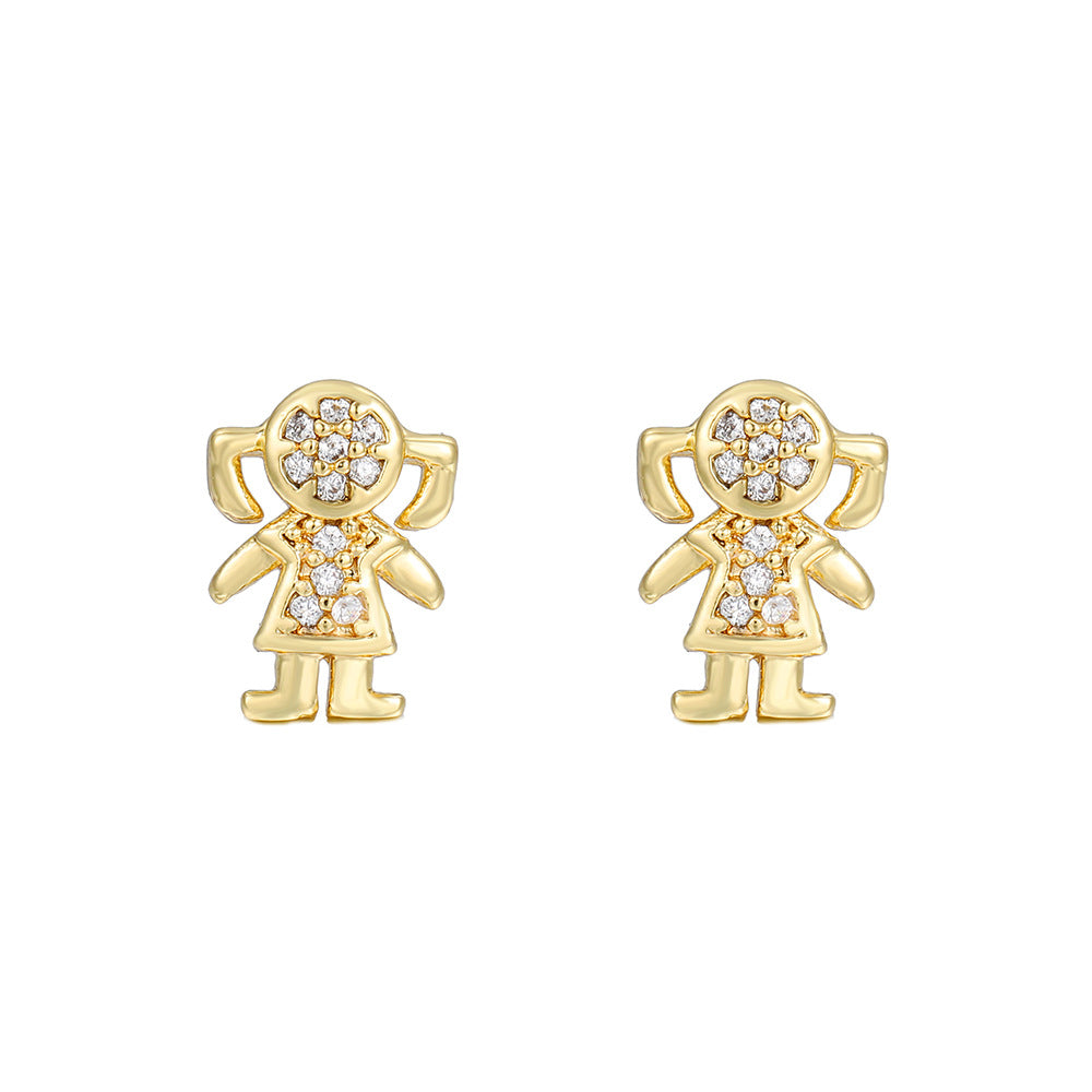 Geometric Plant Brass Inlaid Cubic Zirconia Stud Earrings for Women