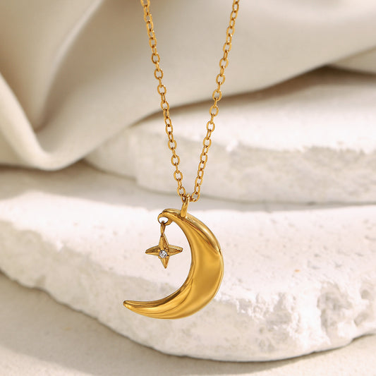 Minimalist Moon and Star Pendant Necklace in Stainless Steel with 18K Gold Plating for Women