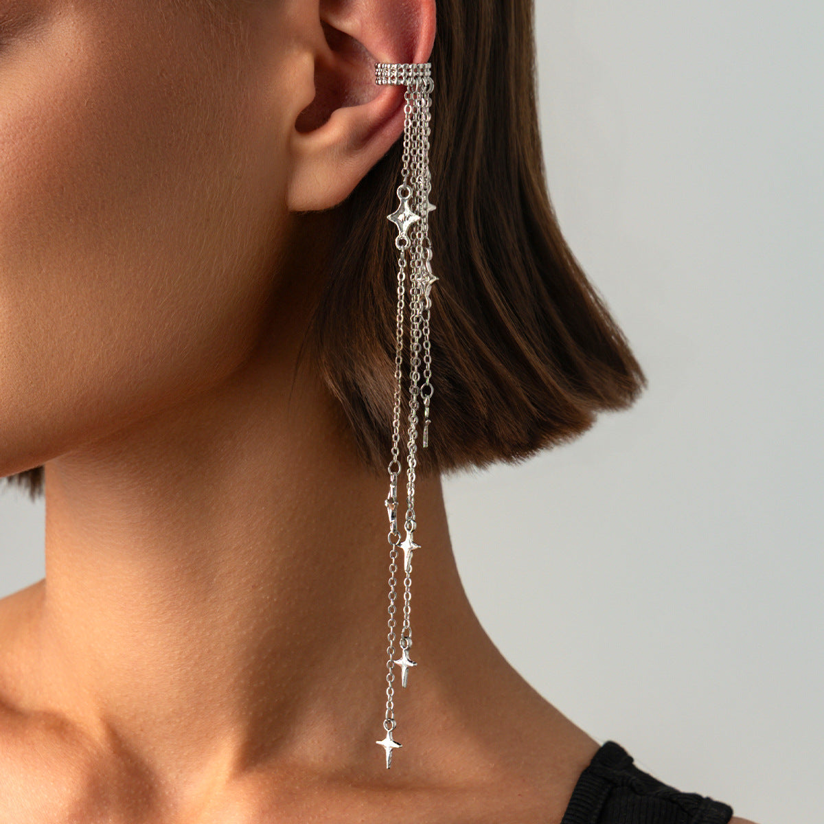 Elegant Punk Rhinestone Star Plated Alloy Cable Chain Tassel Earrings for Women