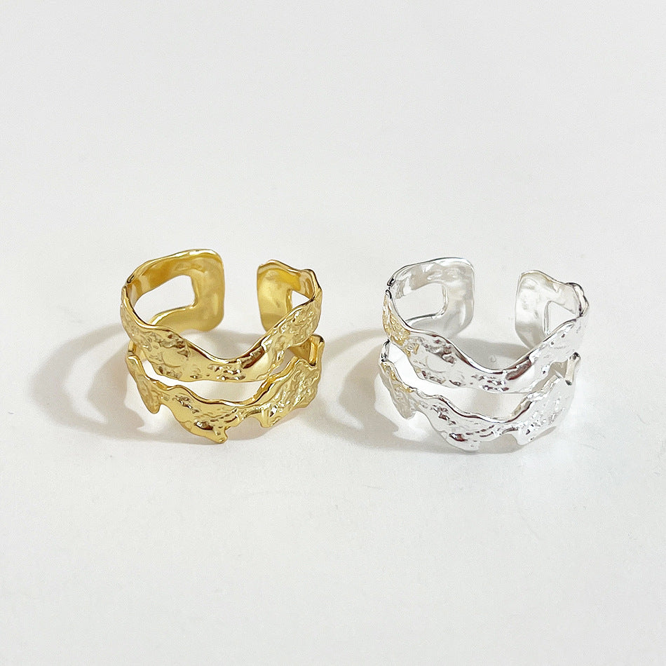 Irregular Textured Double-Layer S925 Sterling Silver Ring for Women with Chain-Inspired Design and Natural Texture